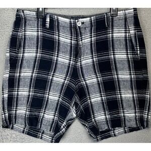 Chaps Linen Blend Shorts Mens 34 Navy Blue White Plaid Casual Flat Front Pockets